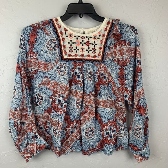 Anthro See Worn Kept Embroidered Blouse Womens Medium Blue Peasant Minuet Tops - Picture 3 of 11